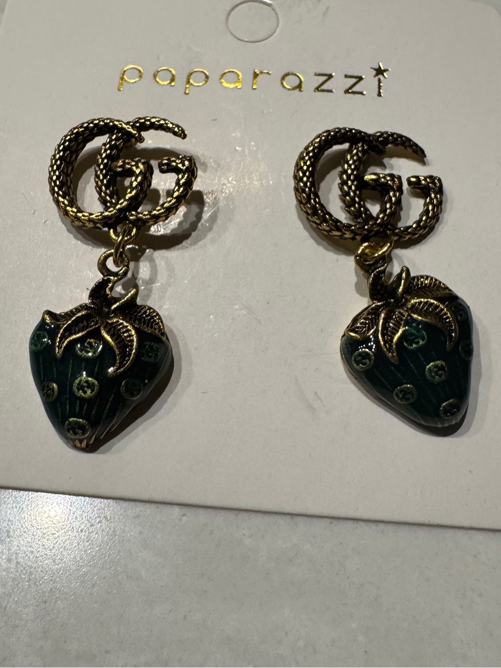 Designer-style GG Bronze-tone Dark Green Strawberry Drop Earrings